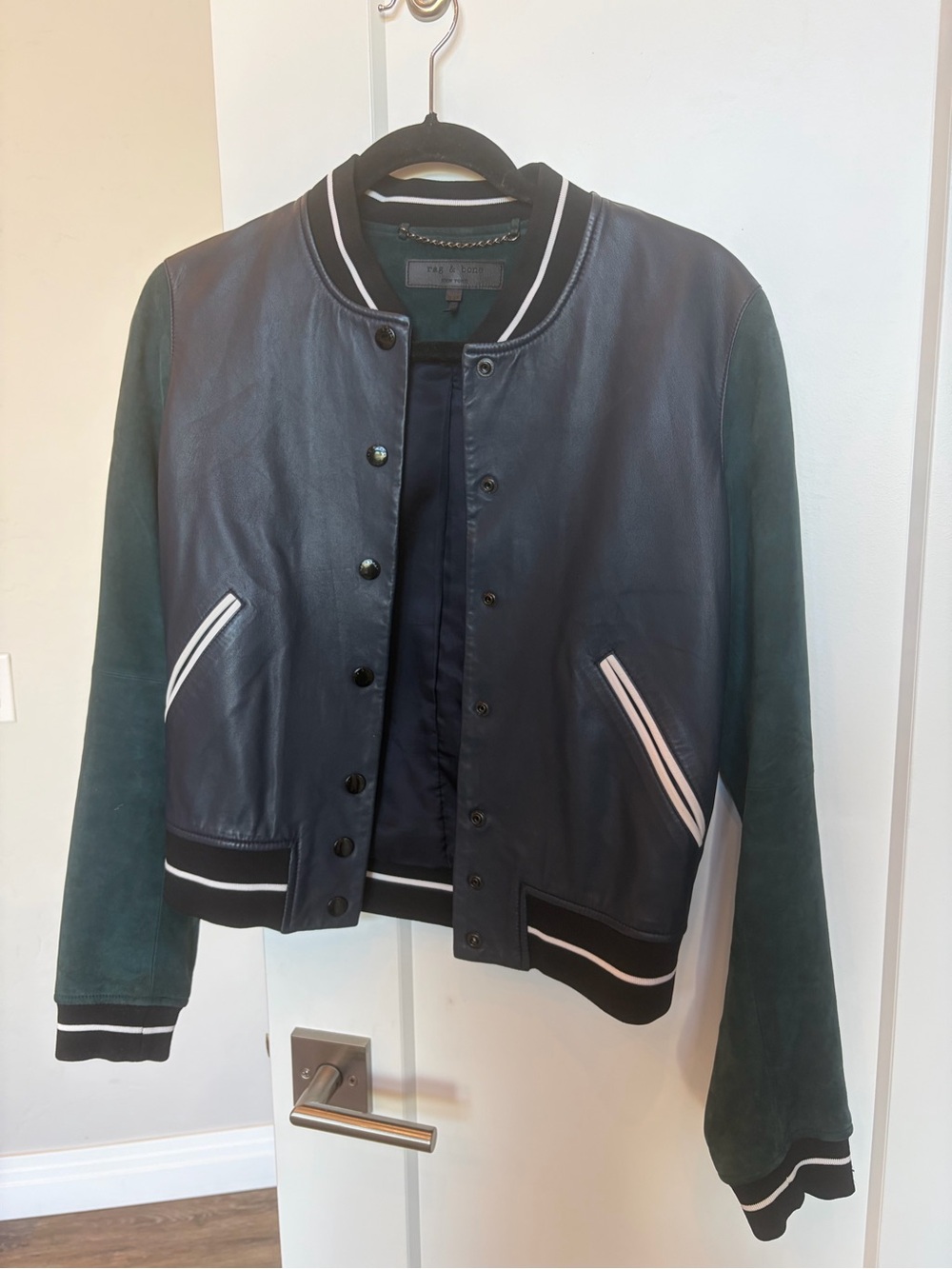 rag & bone Black Leather Bomber with Dark Green Suede Sleeves